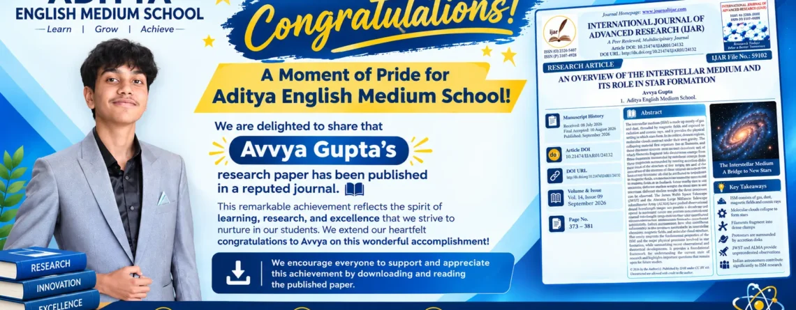 Avvya Gupta research paper publication achievement - Aditya English Medium School