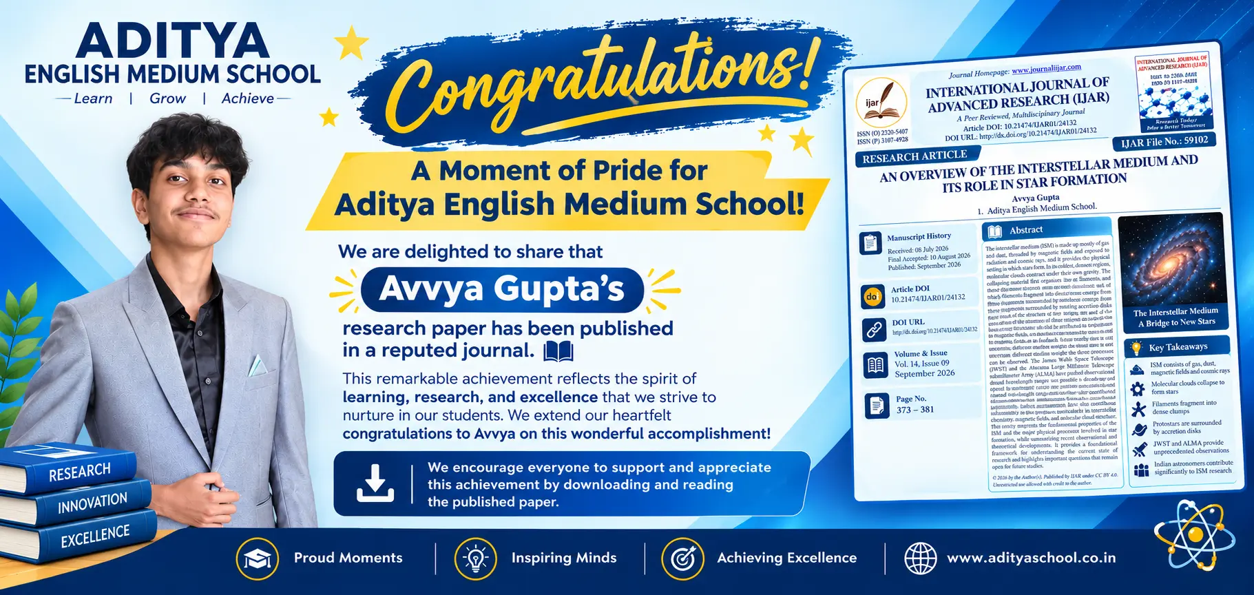 Avvya Gupta research paper publication achievement - Aditya English Medium School